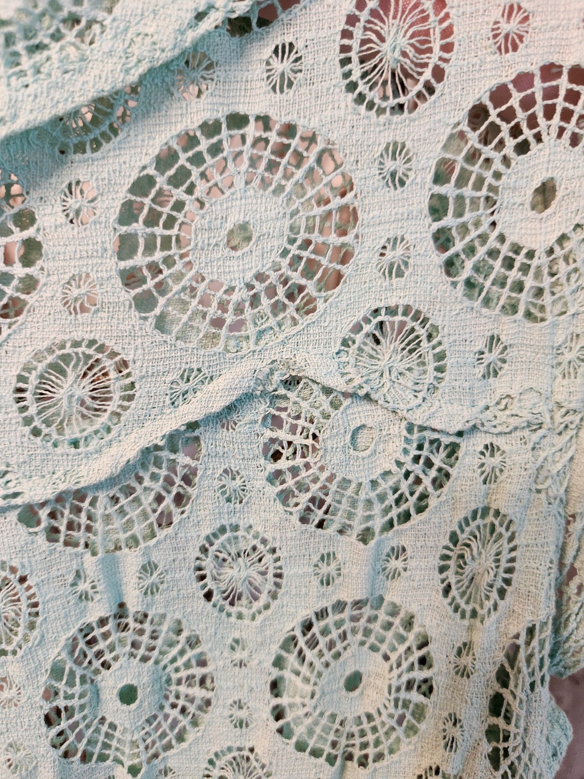 1930s Aqua Cotton Crochet Lace Dress with Cap Sleeves and Pockets XS