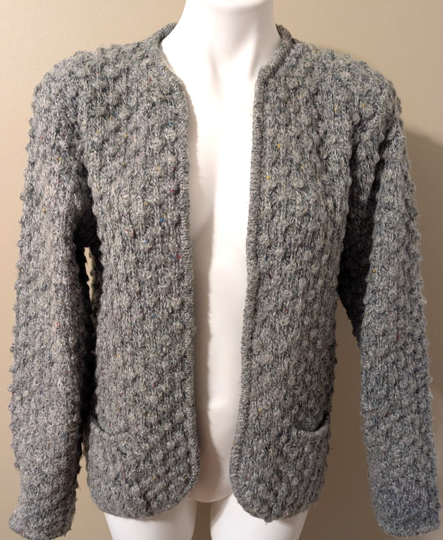 Vtg HARRINGTON Square (SEARS) Women’s Popcorn Knit L/S Cardigan Silver Gray 'M’