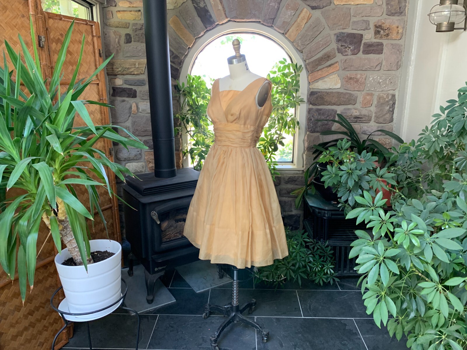 Vintage 1950s Golden Silk Organza Formal Party Dress, Silk Cocktail Dress