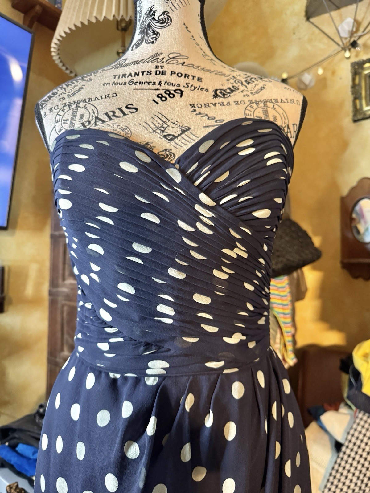 Vtg Kathryn Conover Polka Dot Navy Blue Strapless Bustier Silk Dress Ruched S M