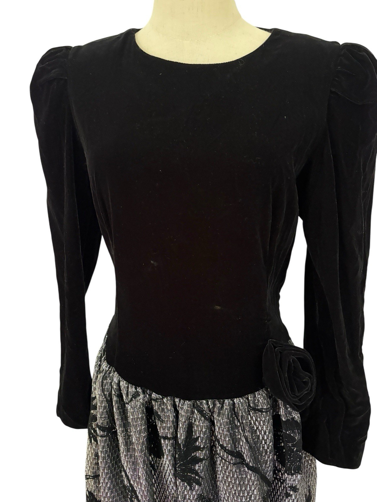 Vtg Cachet By Bari Protas Black Velvet & Metallic Silver Floral Skirt Dress Sz M