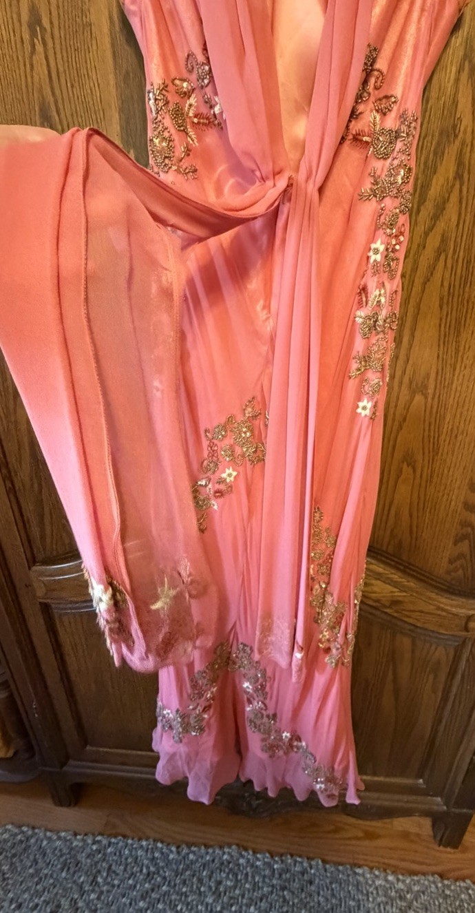 Vintage 90s Scala Coral Salmon Silk Beaded Mermaid Gown-M/L