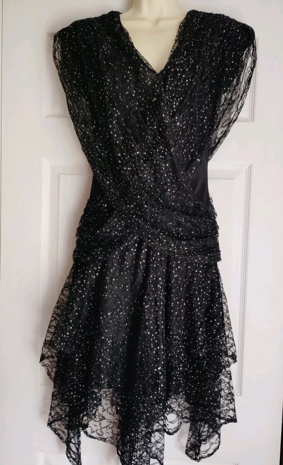 1980 PUNK GOTH FAIRY prom dress black silver lace layers handkerchief 8/10 USA