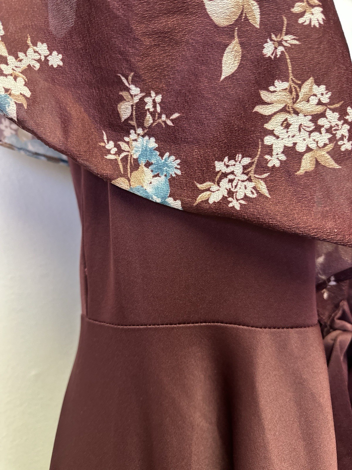Vintage 70s Shawl Collar Poly Knit Topper Women Size 9 Boho Floral Deep V -Neck