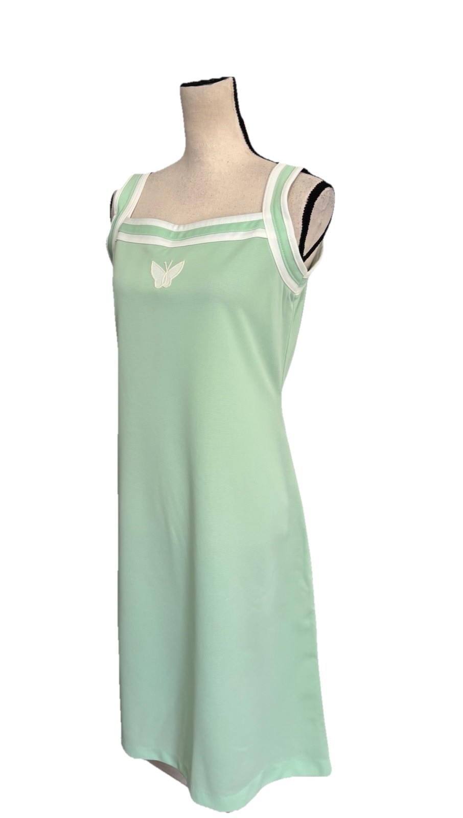 Vintage 1970s Dress Mint Green Butterfly Accent White Trim Summer Size 16