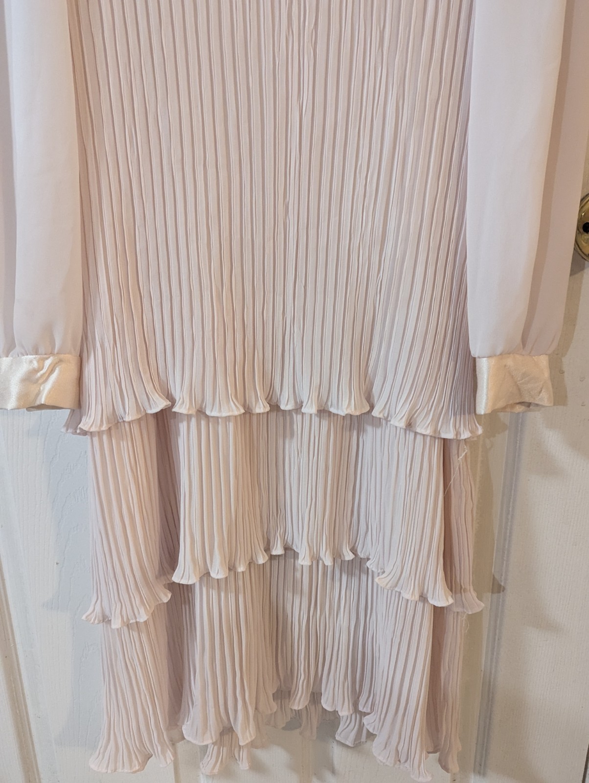 Vintage Flapper Dress Sz 12 Rouched Layers Pink Ruffles USA Long Sheer Sleeves