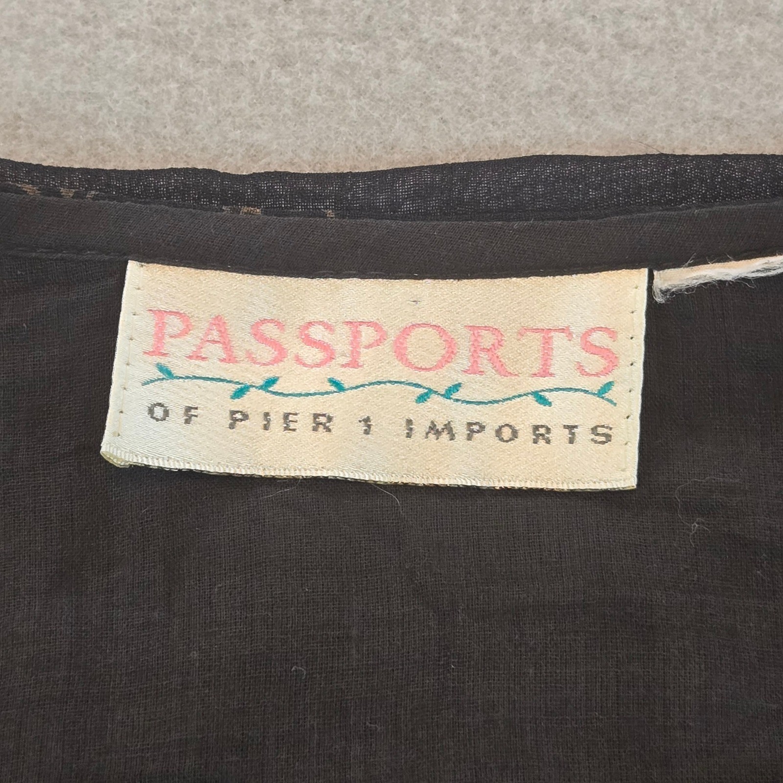 Passports Pier 1 Imports Blouse Women L Black Gold Sheer Asian Medallion Vintage