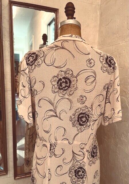 Vintage 40s Linen Rayon Crepe Floral Novelty Print Art Deco Dress M