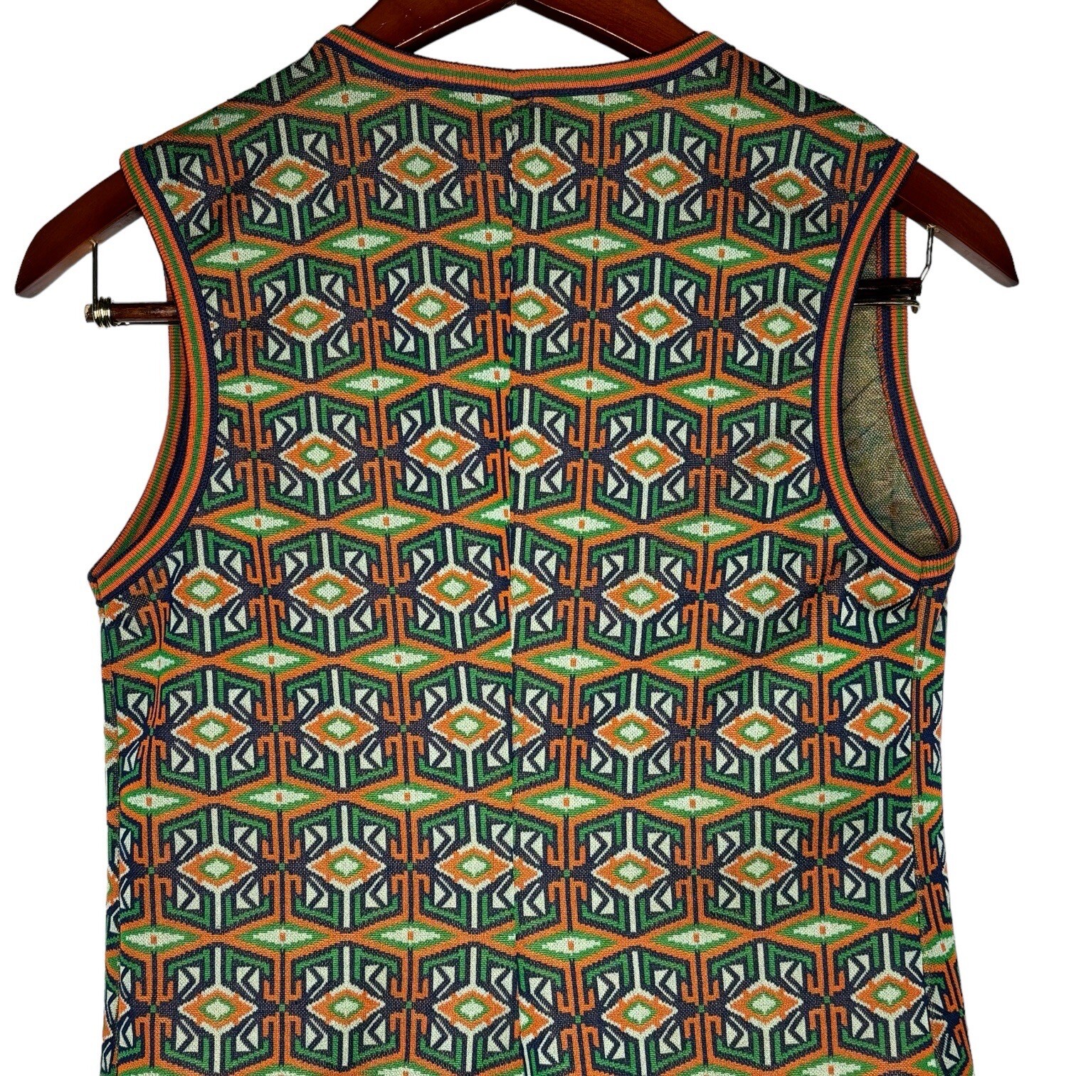 AILEEN Women’s Vest Size 12 Green Orange Blue Funky Pattern Button Front 70s VTG