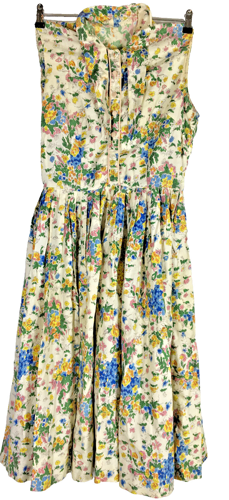VINTAGE 1950s 1960s SUNDRESS S/M Ivory Floral CIRCLE SKIRT Button Full