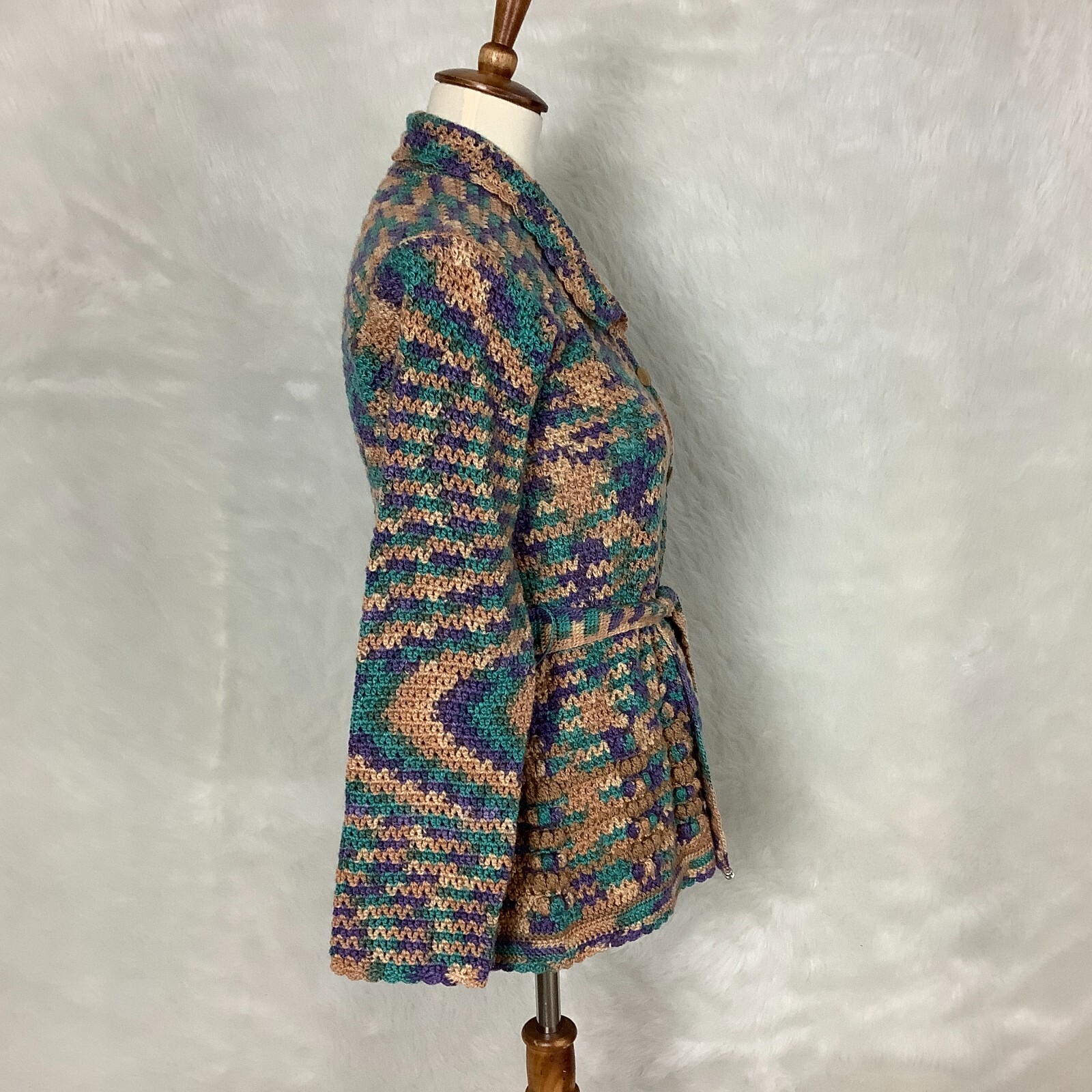 Vintage 70s Tan, Green Blue & Purple Belted Crochet Cardigan Sweater
