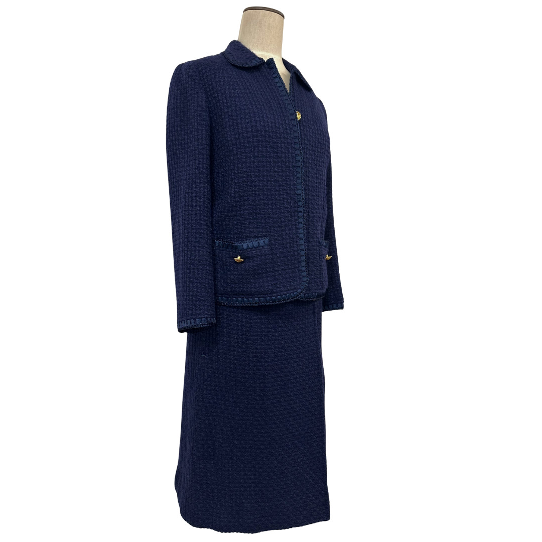 Vintage 1960s Saks Fifth Avenue Navy Blue Bouclé Wool Two Piece Skirt Suit Set