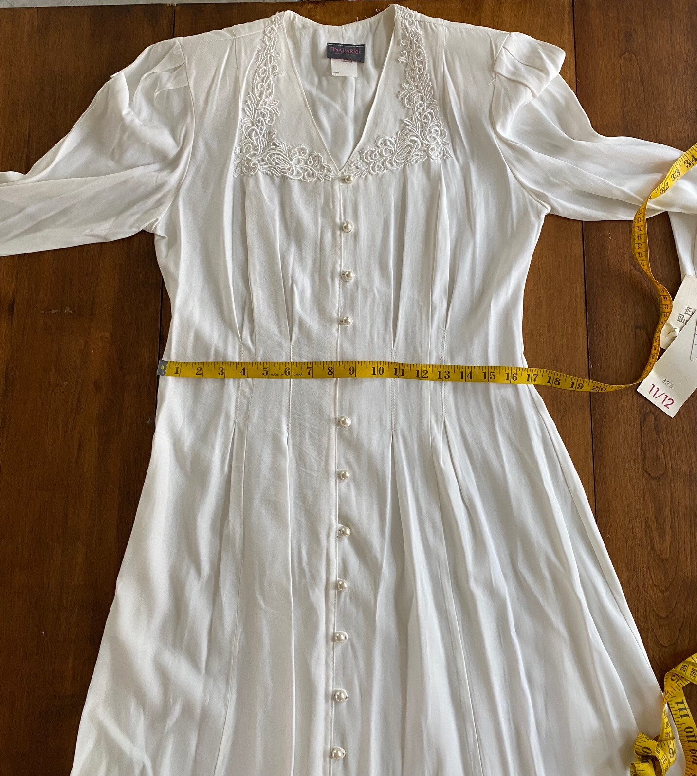 Womens VINTAGE TINA BARRIE MIDI DRESS Button Front LACE APPLIQUE White NEW 11-12