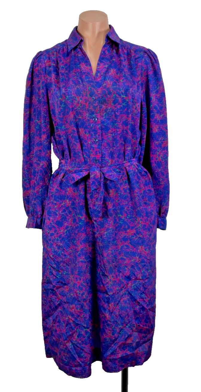 Vintage 80s Schrader Sport Shirt Dress Womens 17 Geometric Classic Secretary