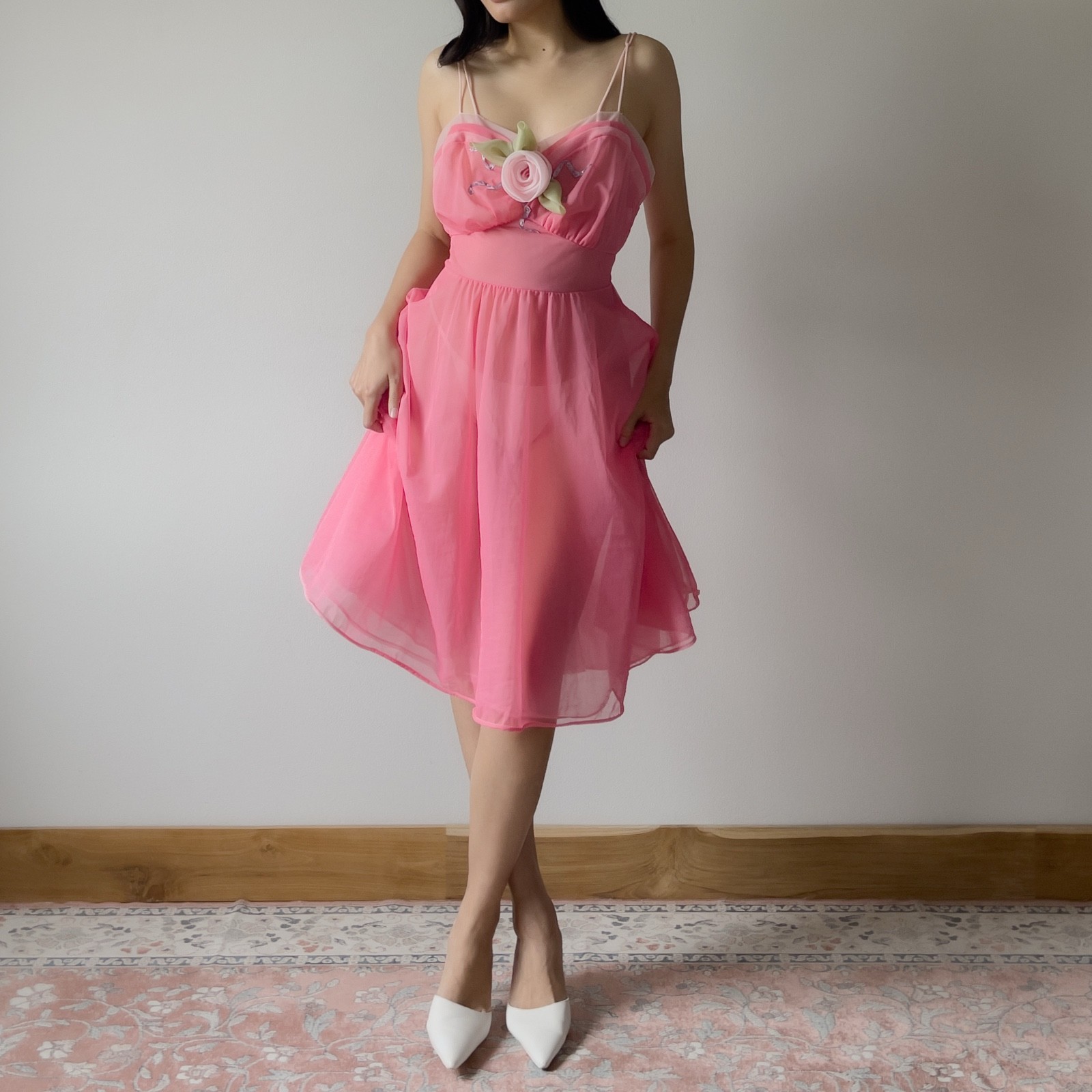 Vintage 1980s Pink Chiffon Semi-Sheer Nightgown (S–M)