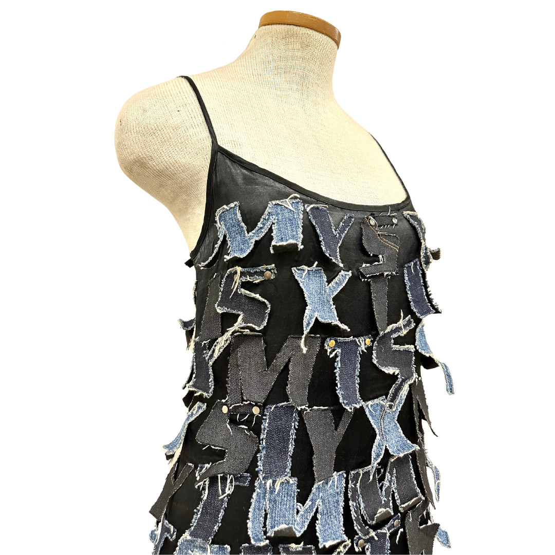 Vintage Y2K MISS SIXTY Rare Denim Letter Embellished Black Mini Dress