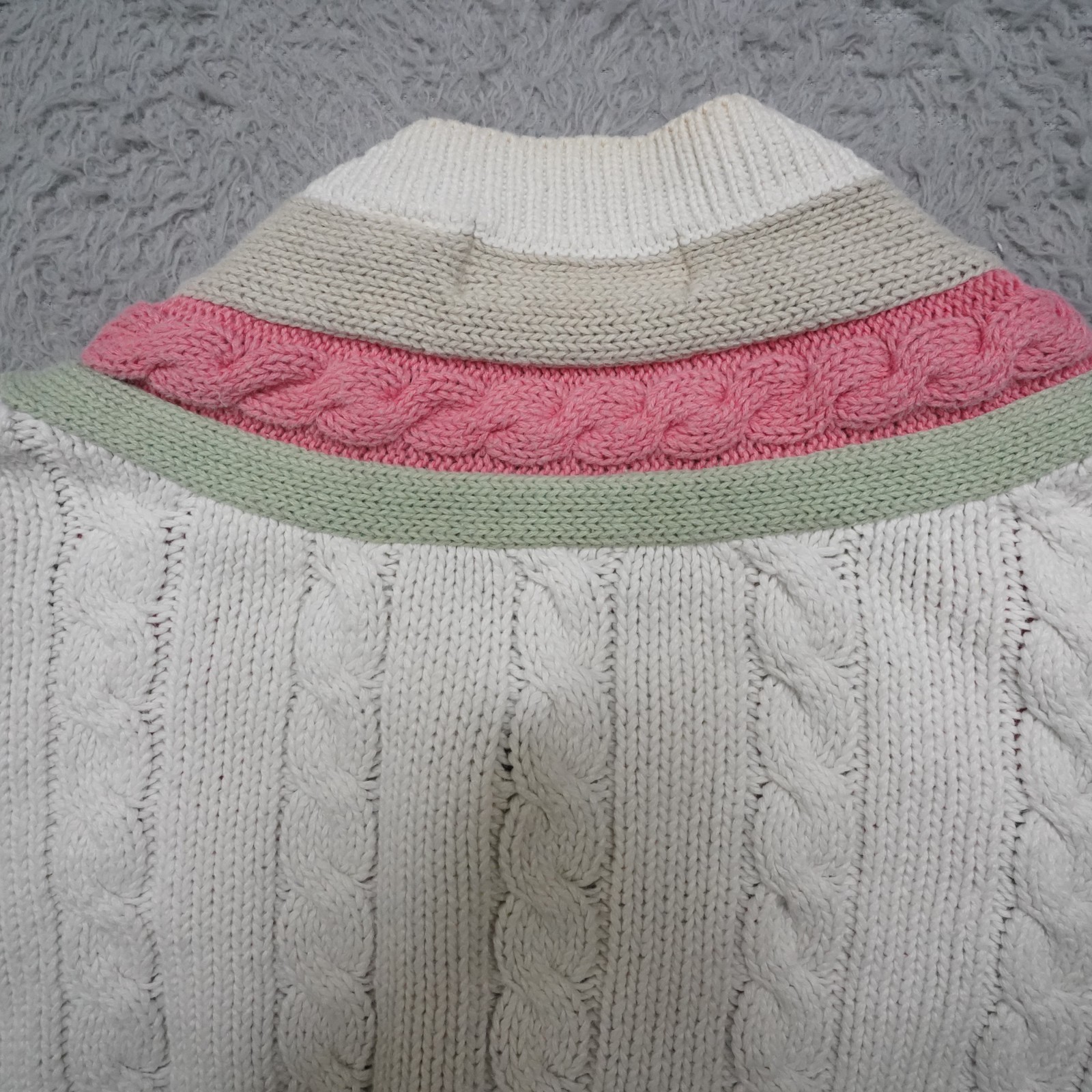 Vintage V Neck Sweater Womens M Pink Green CableKnit Preppy Tennis Raimie Cotton