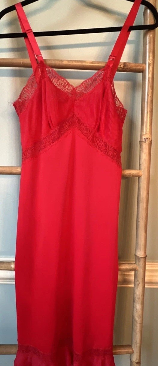 Vtg 50s Charmode Sears Ruffled Long Lace Slip Lingerie Pinup 34 T Valentine Red