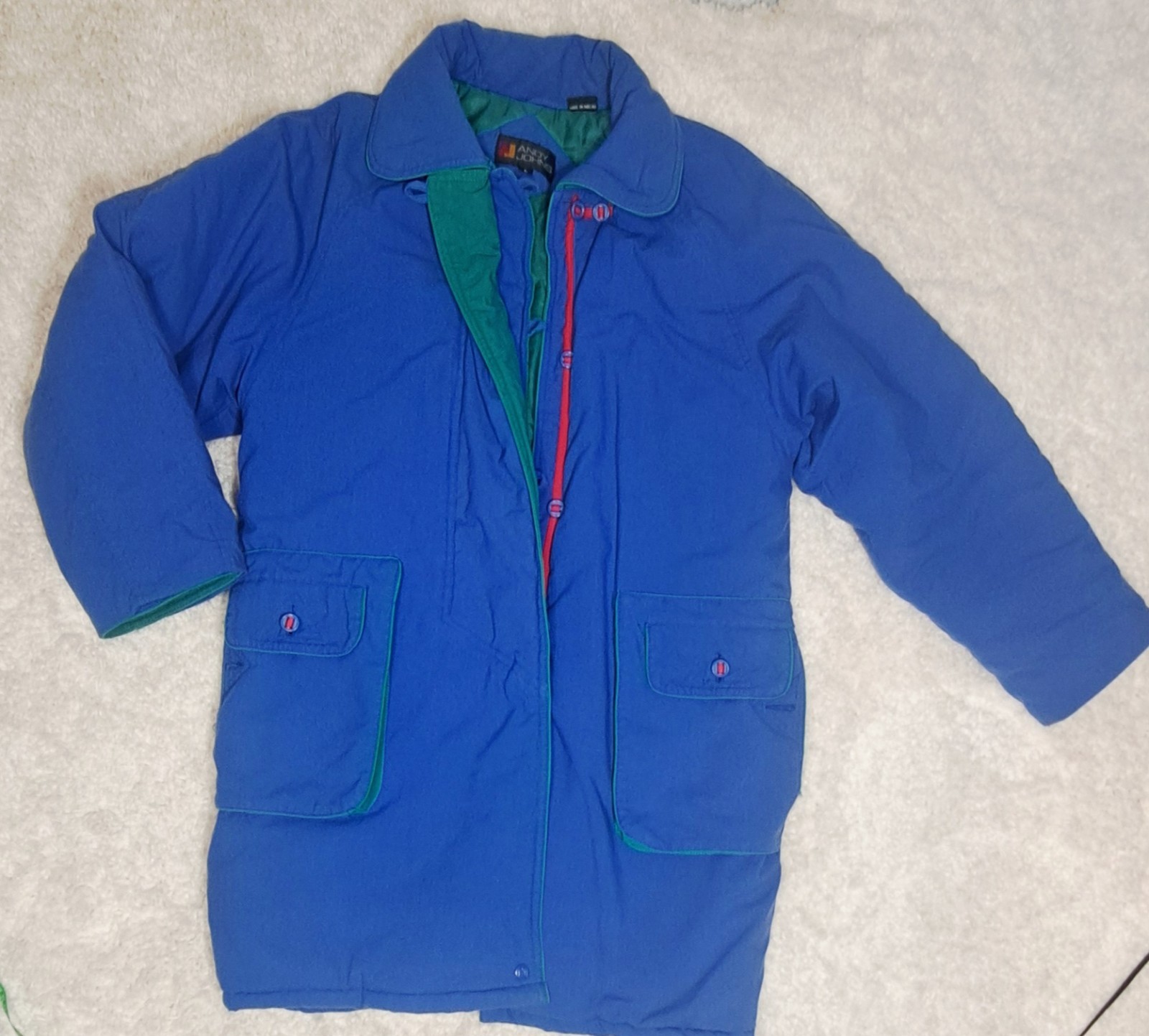 Vintage 80s Andy Johns Retro Blue Green Long Jacket Coat Duster Women’s Large L