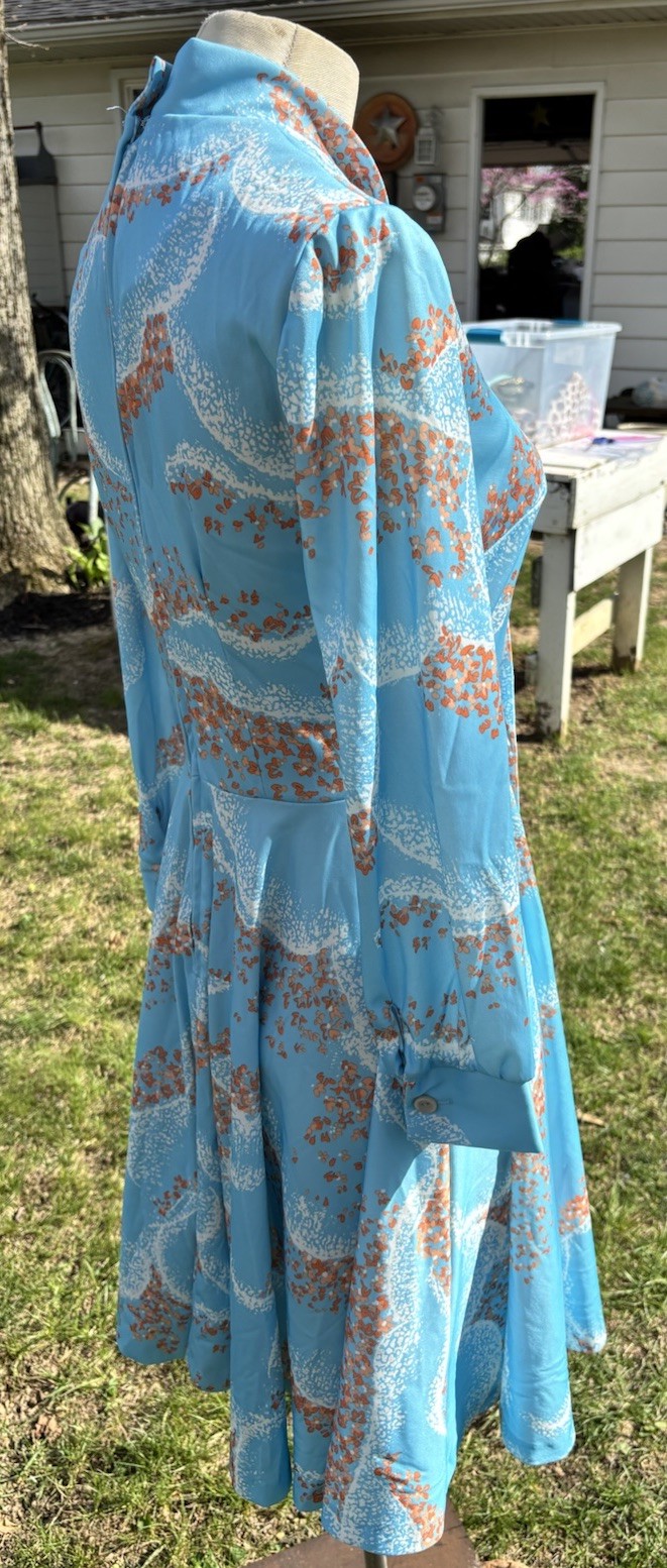 VTG 1970s Secretary Dress Pussy Cat Bow Fit Flair Midi Sz S B32 W26 Blue Orange