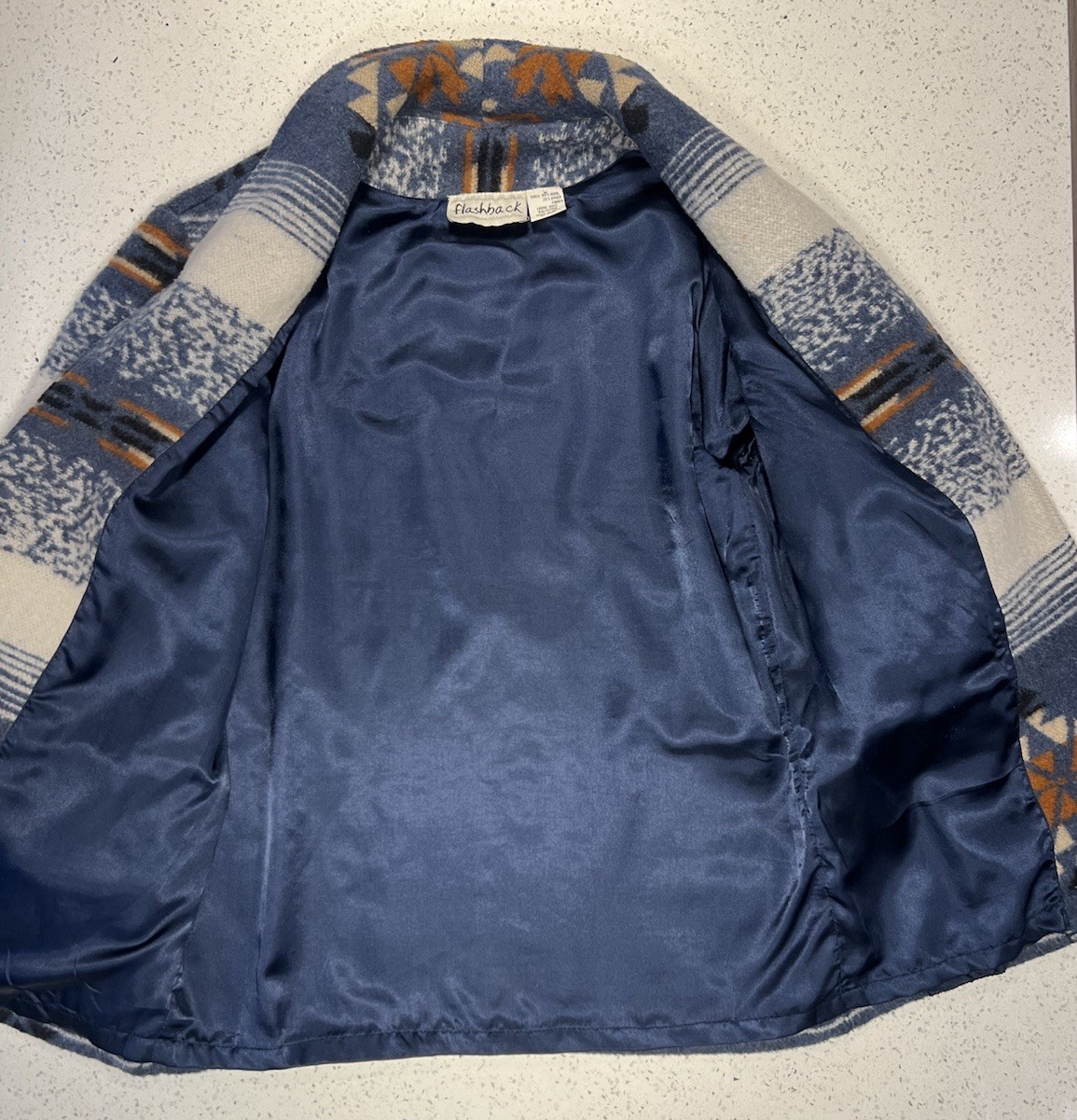 Vintage 90s Flashback Southwestern Wool Blanket Jacket Aztec Blue Tapestry Coat