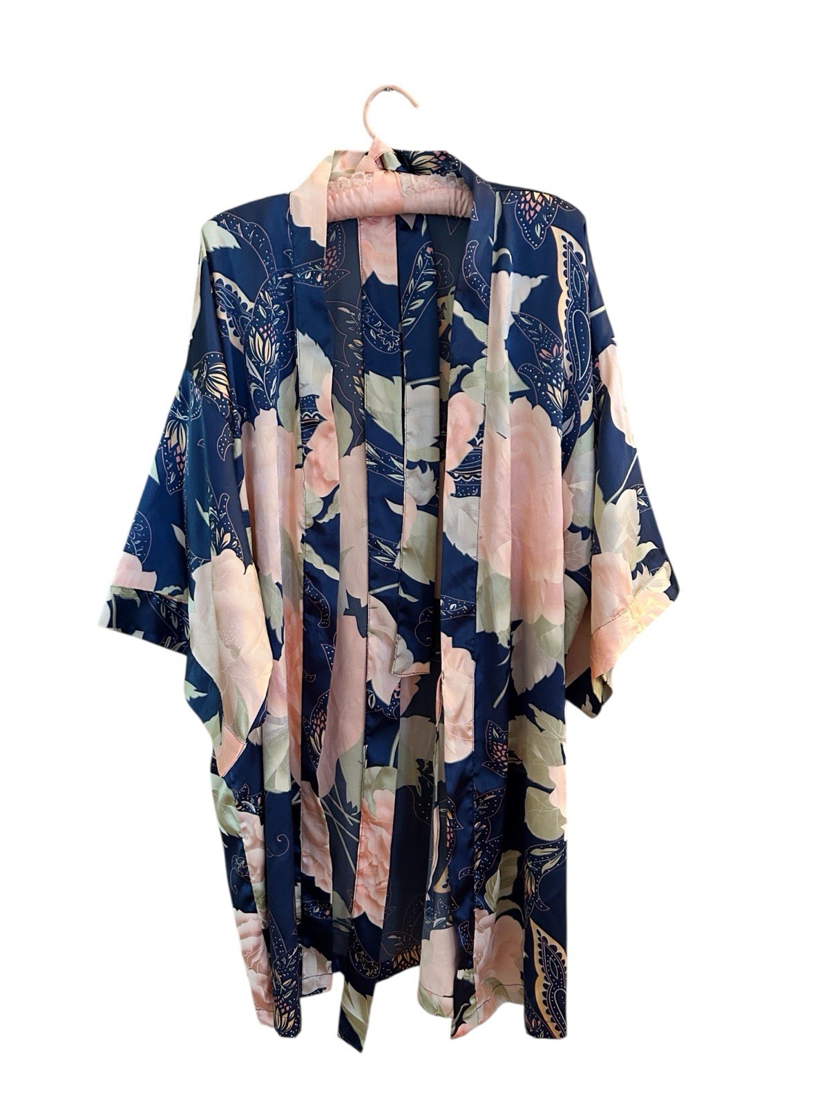 Vintage Satin Shiny Bell Angel Sleeve Kimono Robe Peach/Blush & Blue Floral
