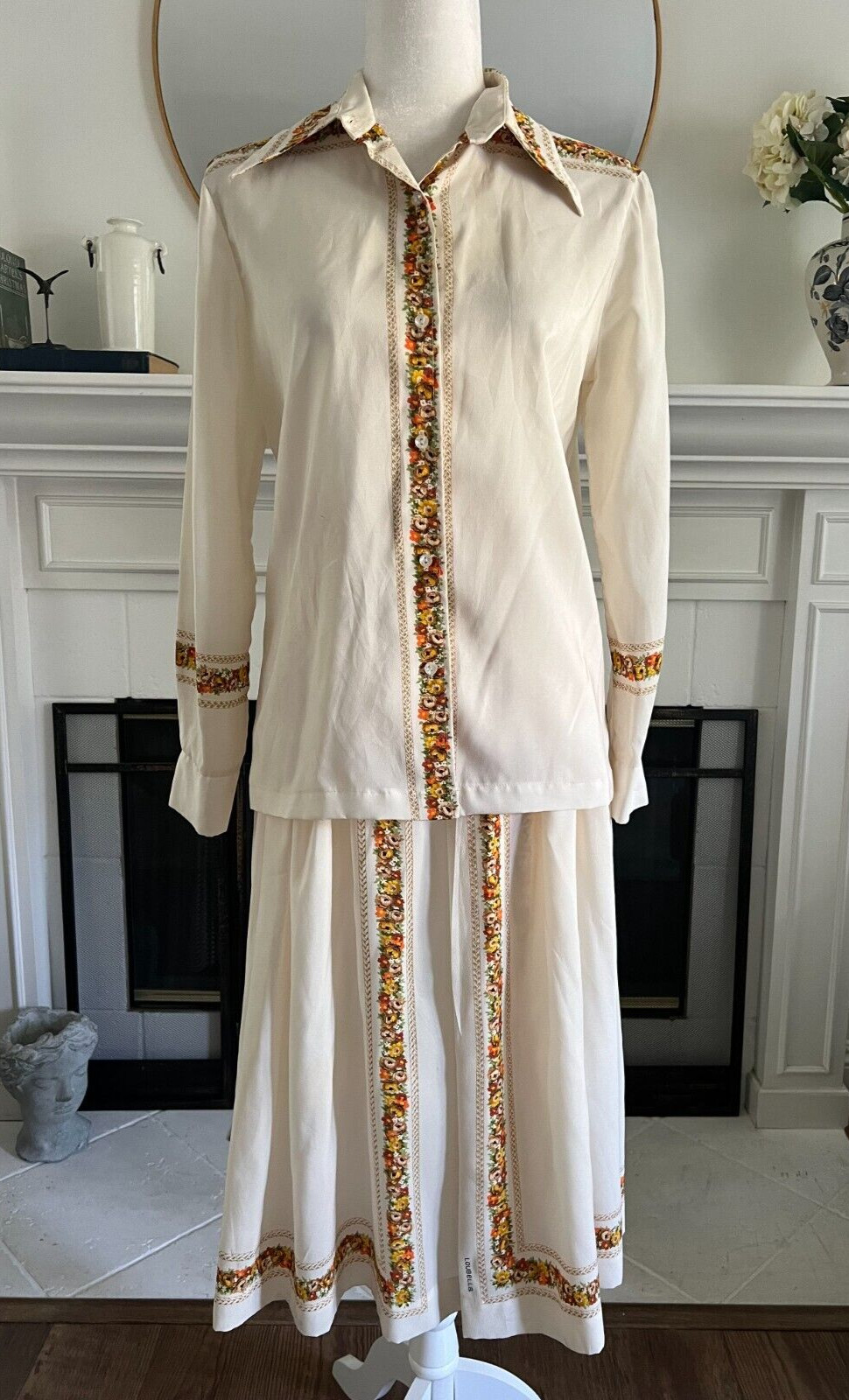 60s Vintage Womens M Skirt Set Sz S Blouse Ivory Floral Fall A Line Skirt