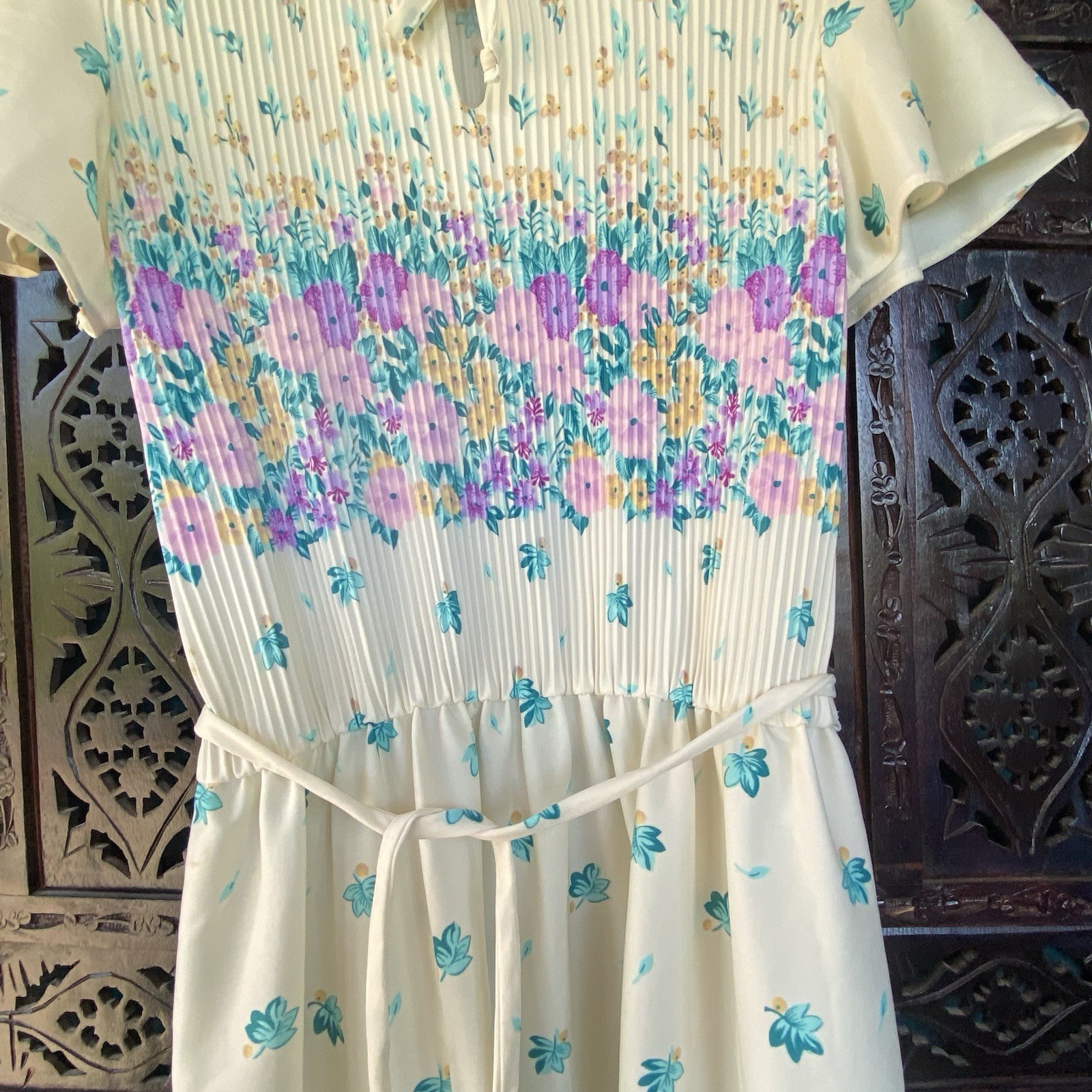 VTG Handmade Floral Leaf Pleated Dress Womens S/M Pastel Cottagecore Prairie S/S