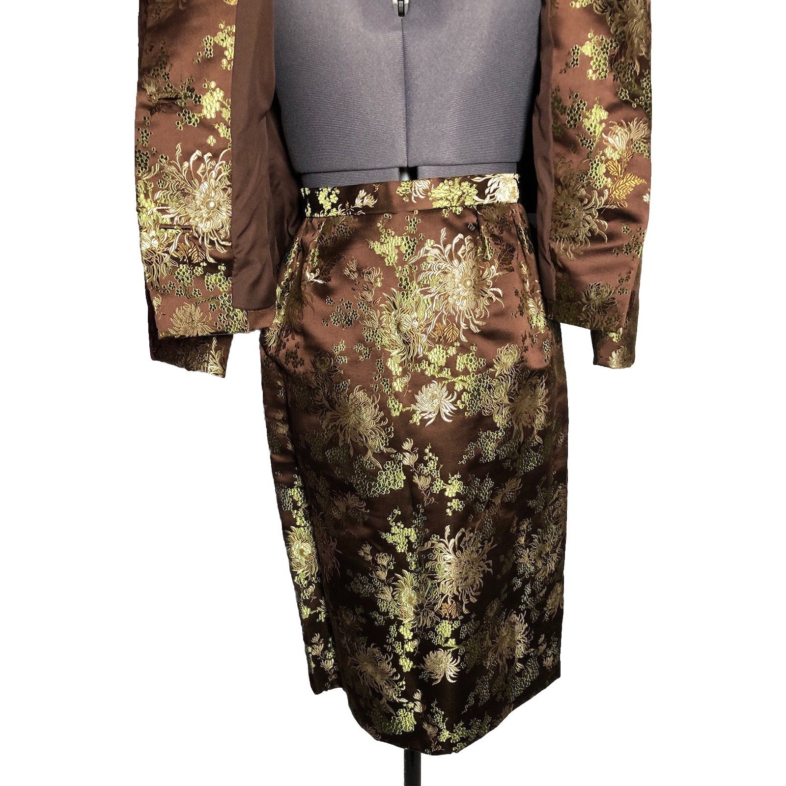 Vtg 70s 80s Brown Brocade Skirt Suit Metallic Floral XS S 2–4 Jacket Skirt Set