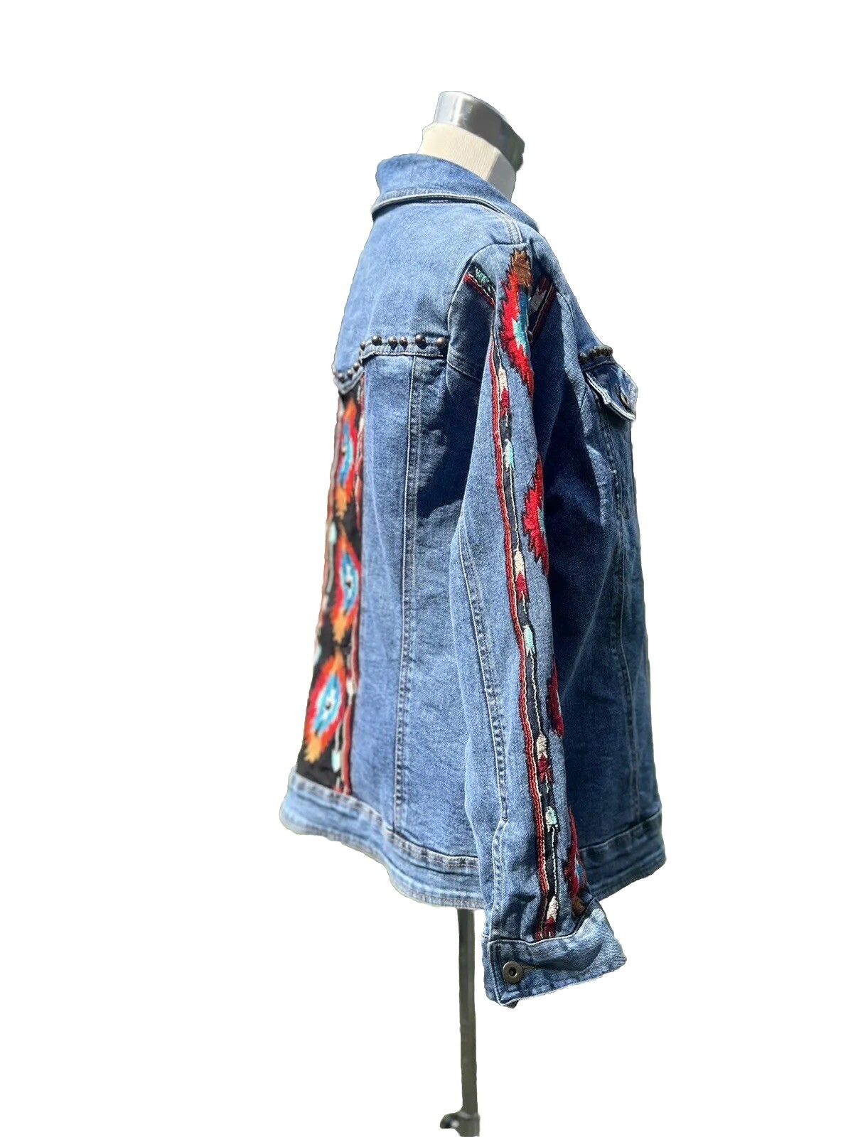Vintage Denim Jacket Southwest Aztec Flame Embroidered By Vintage Collection Lg