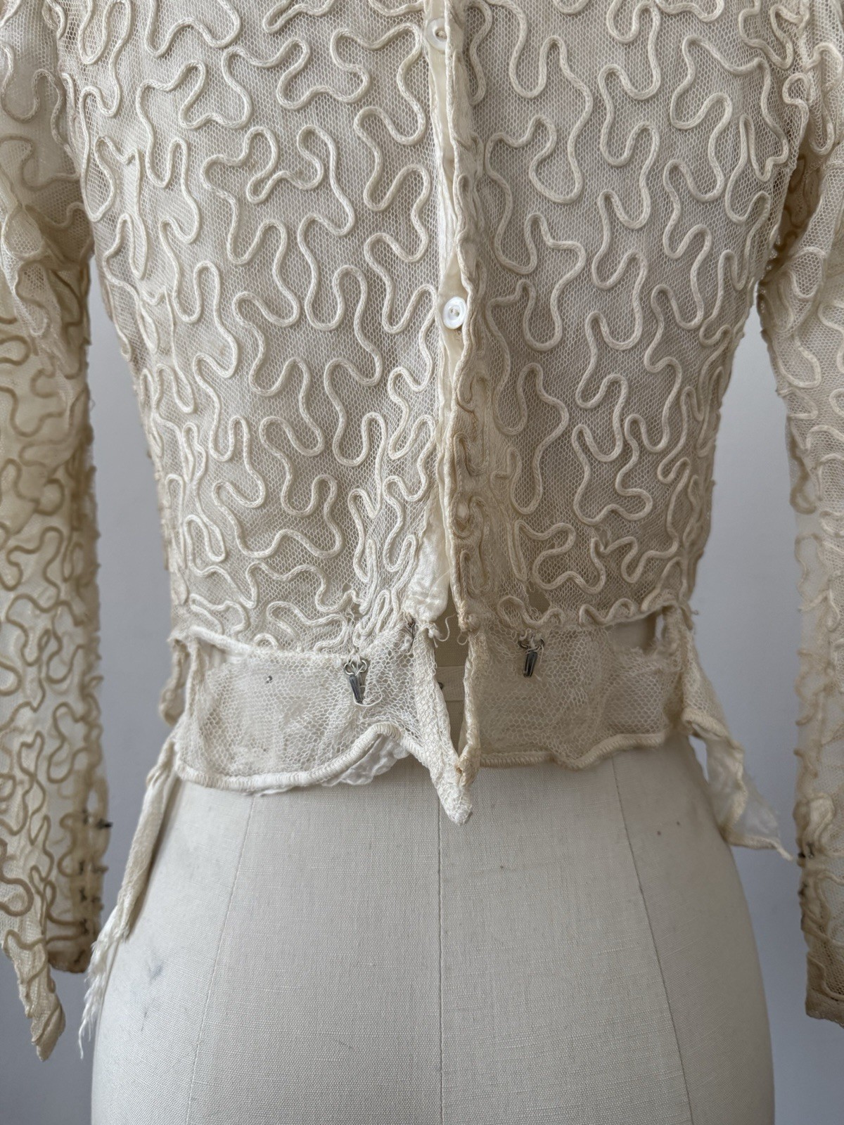Antique Sheer Net Lace Blouse Top Cord Soutache Embroidery Art Nouveau Bridal XS