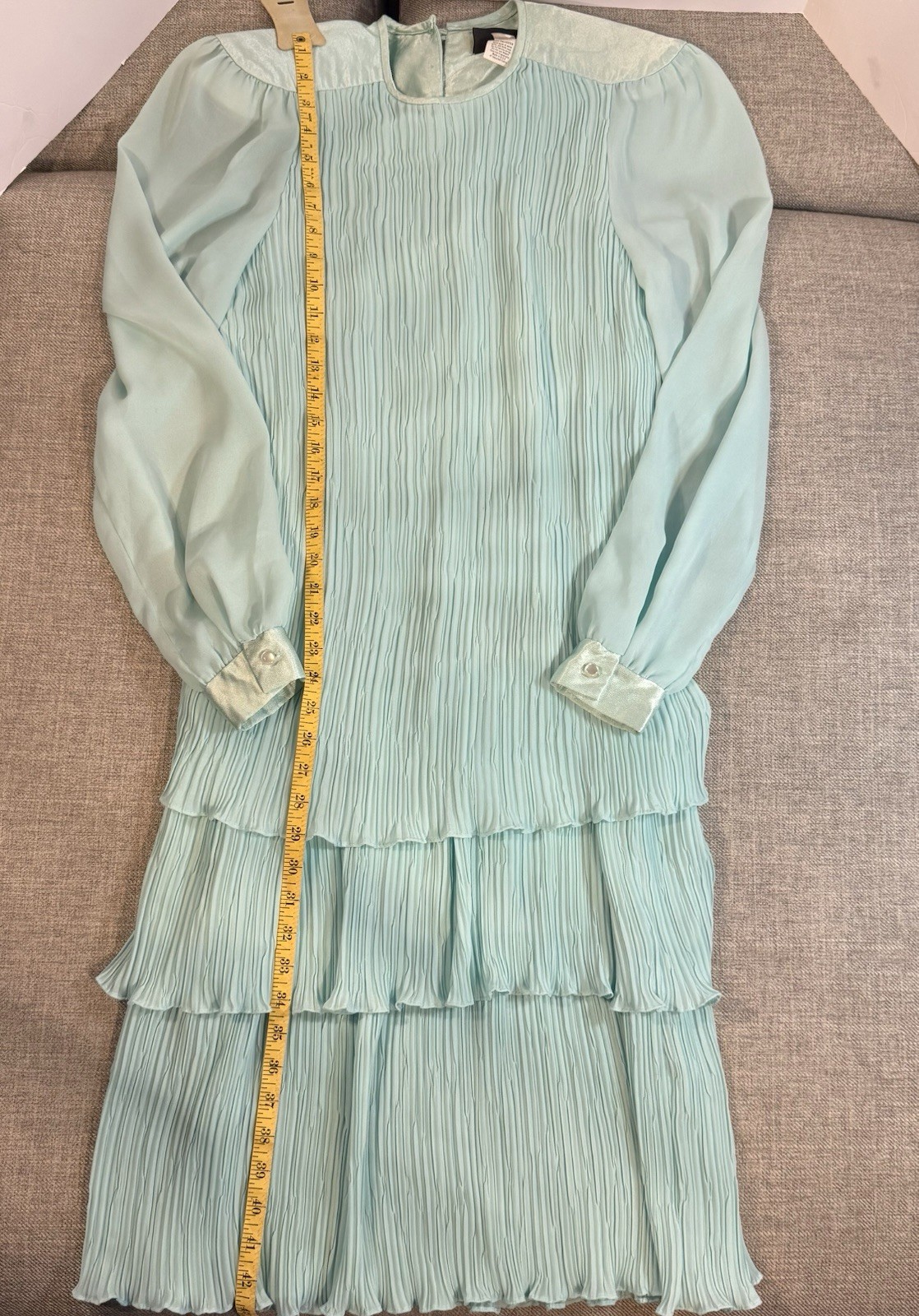 Vintage 70s Seafoam Green Sheer Tiered Prairie Boho Midi Dress Romantic Sz8