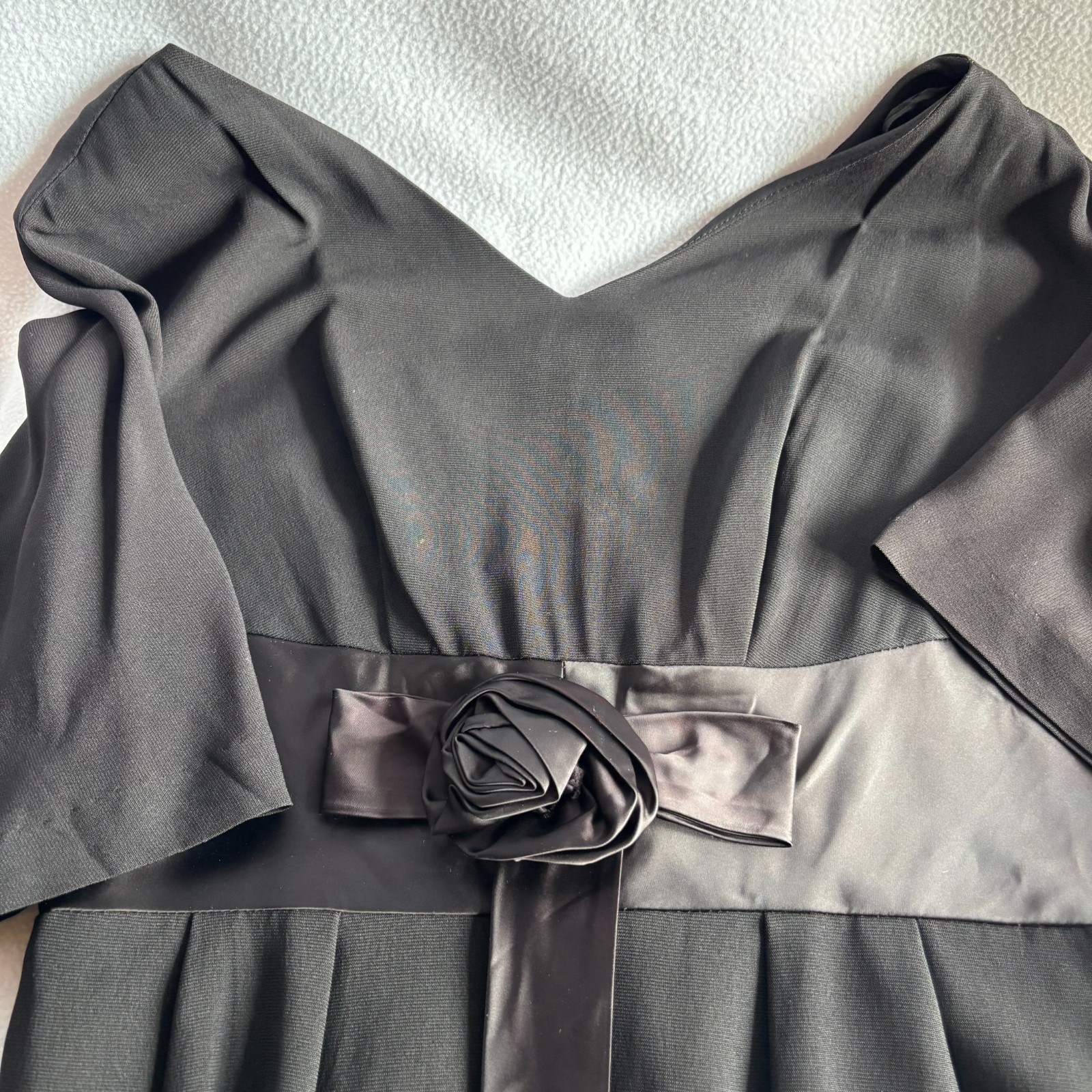 Vintage 1950s Lora Lenox Little Black Sheath Dress LBD with Satin Flower