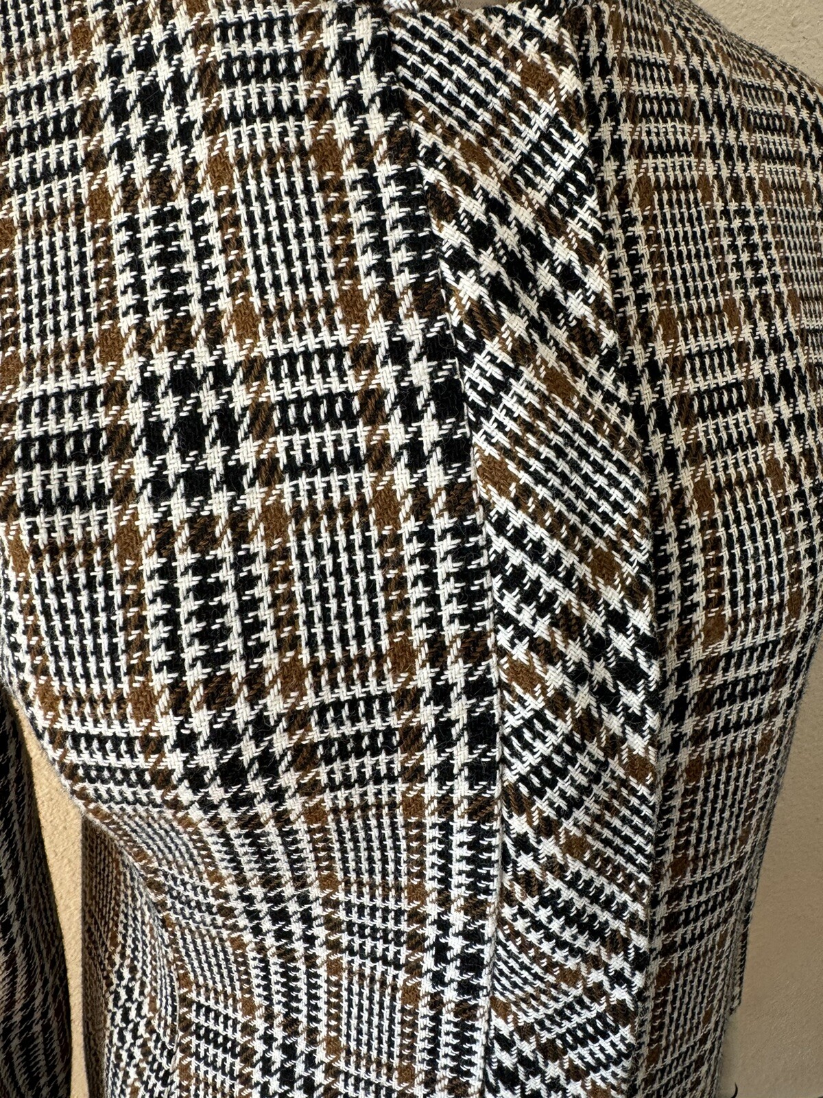 Vtg Mod Saks Fifth Avenue Brown Black Wool Tweed Plaid Dress Mandarin Collar M