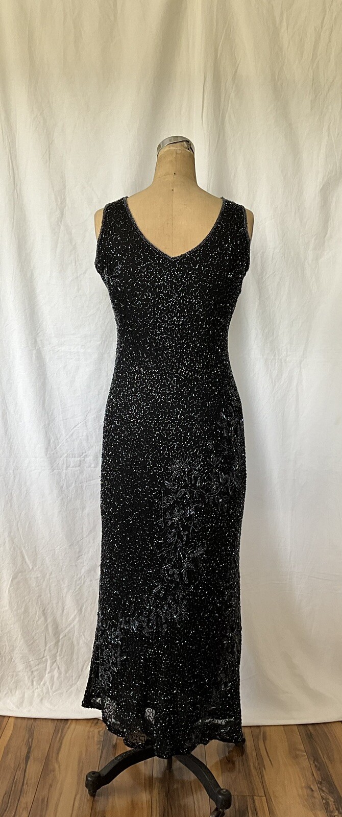 Vintage Black Beaded Silk Slip Long Dress Size XS Missing Label Mint Condition