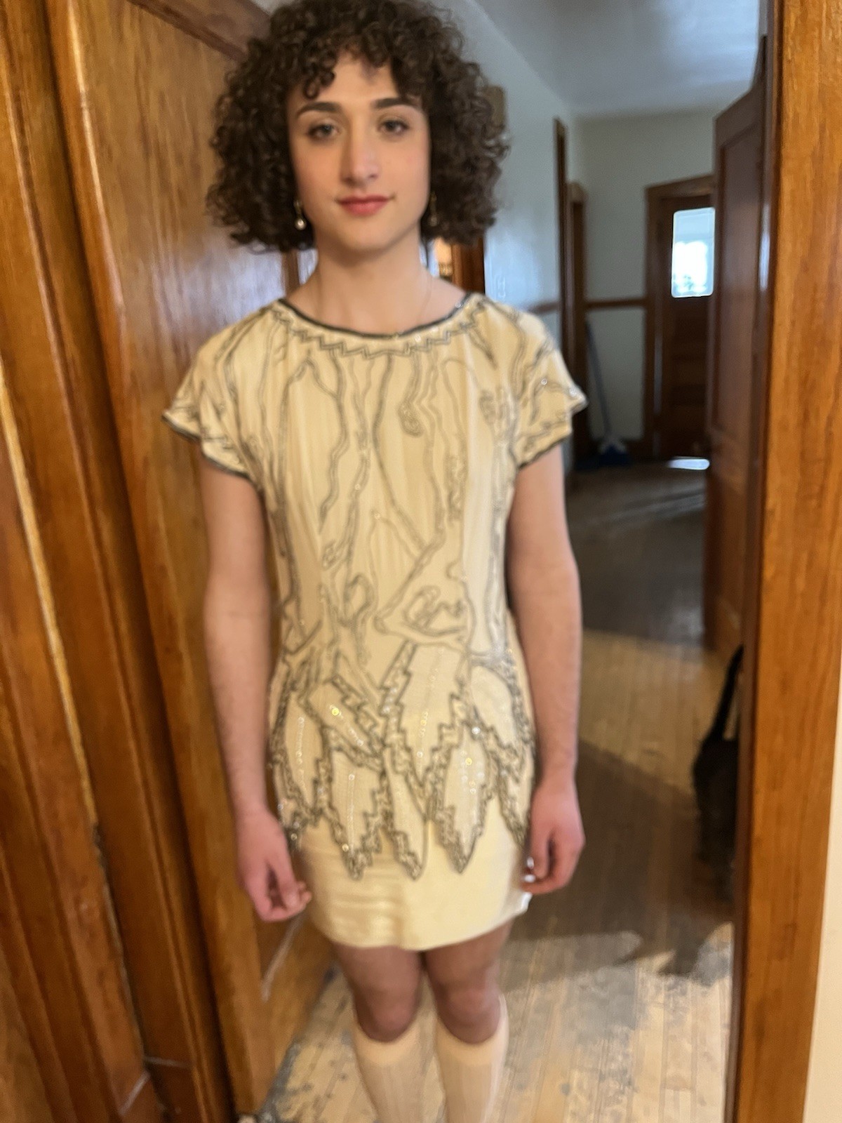 Vintage Fabrice Simon 1980s Beaded Handmade Silk Dress w/ Leaf Motif Over Skirt