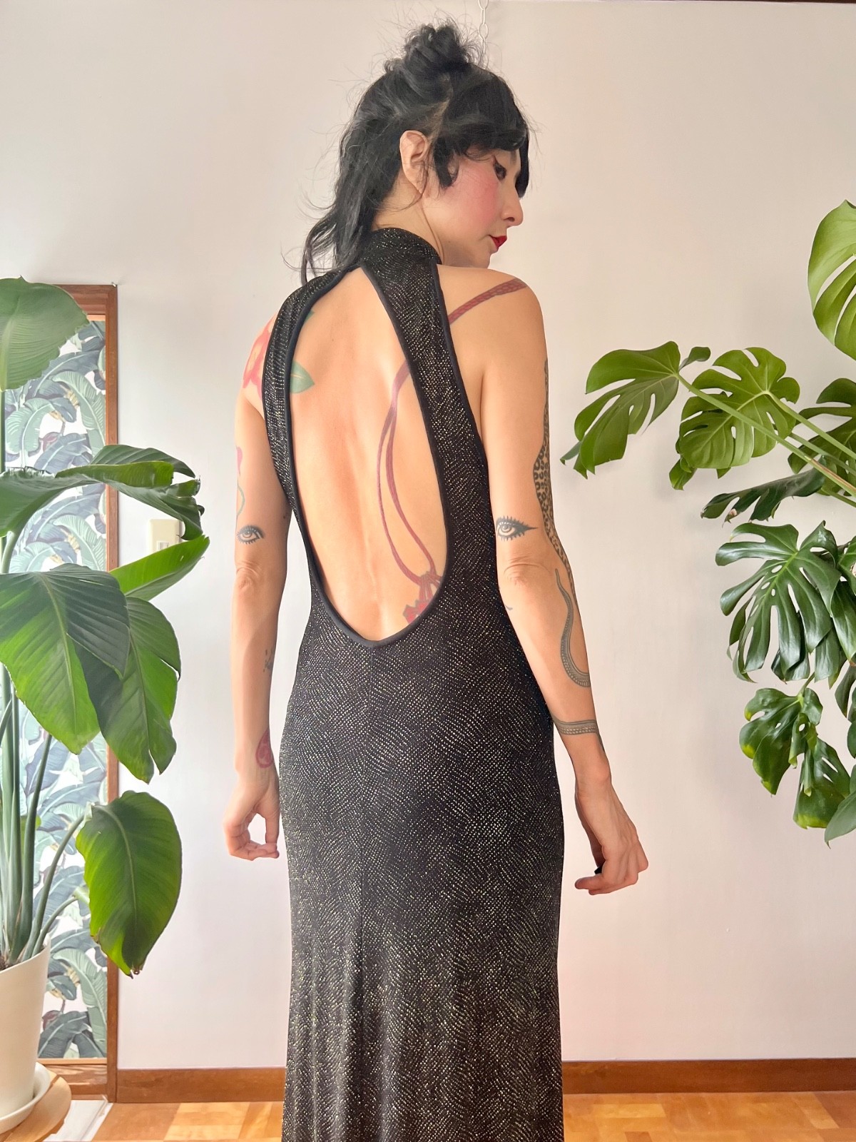 90s Does 70s Caché Open Back Black Glitter Keyhole Halter Maxi Dress Disco Gown
