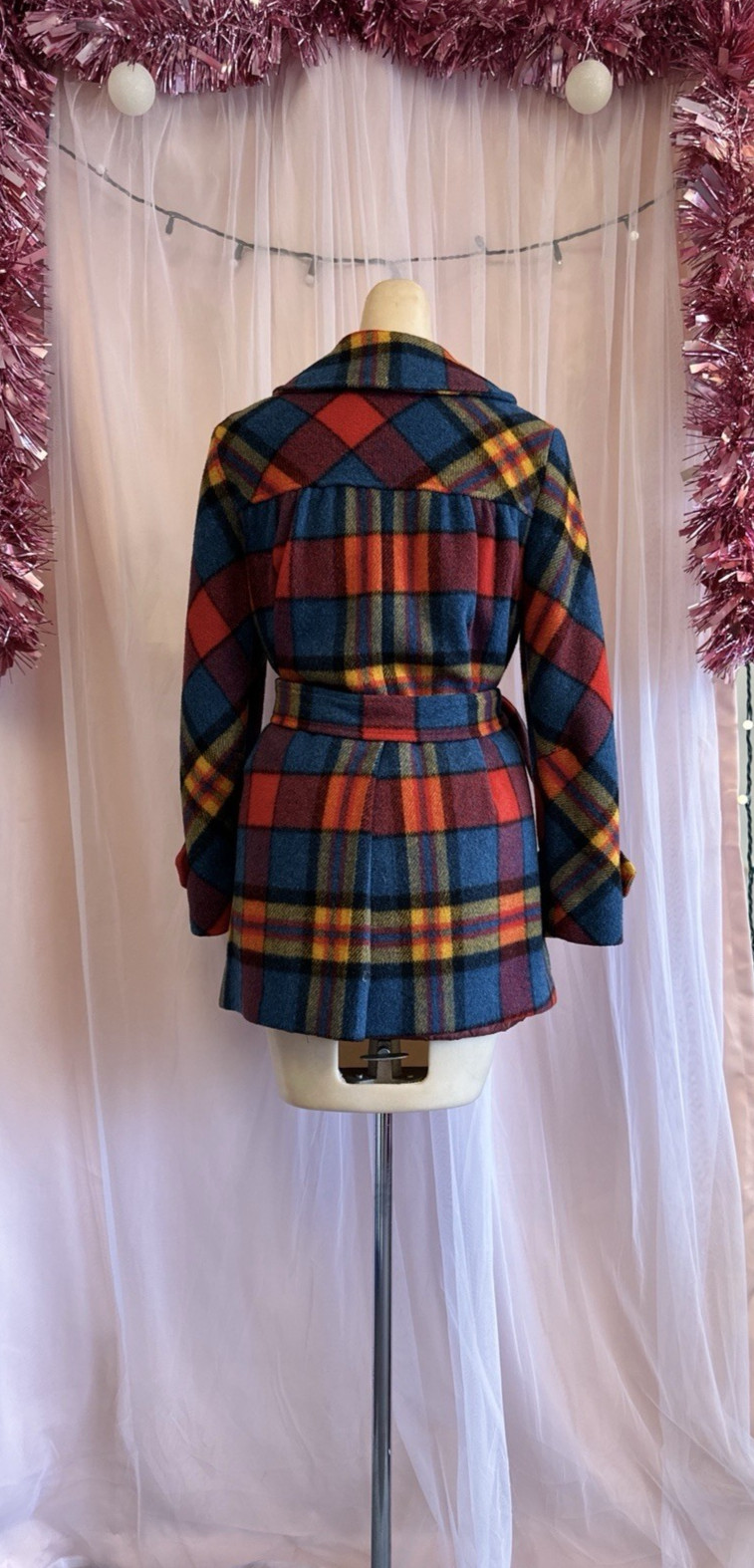 Vintage 60s 70s Rainbow Plaid Wool Coat Jacket Mod Retro Swingles XS/S