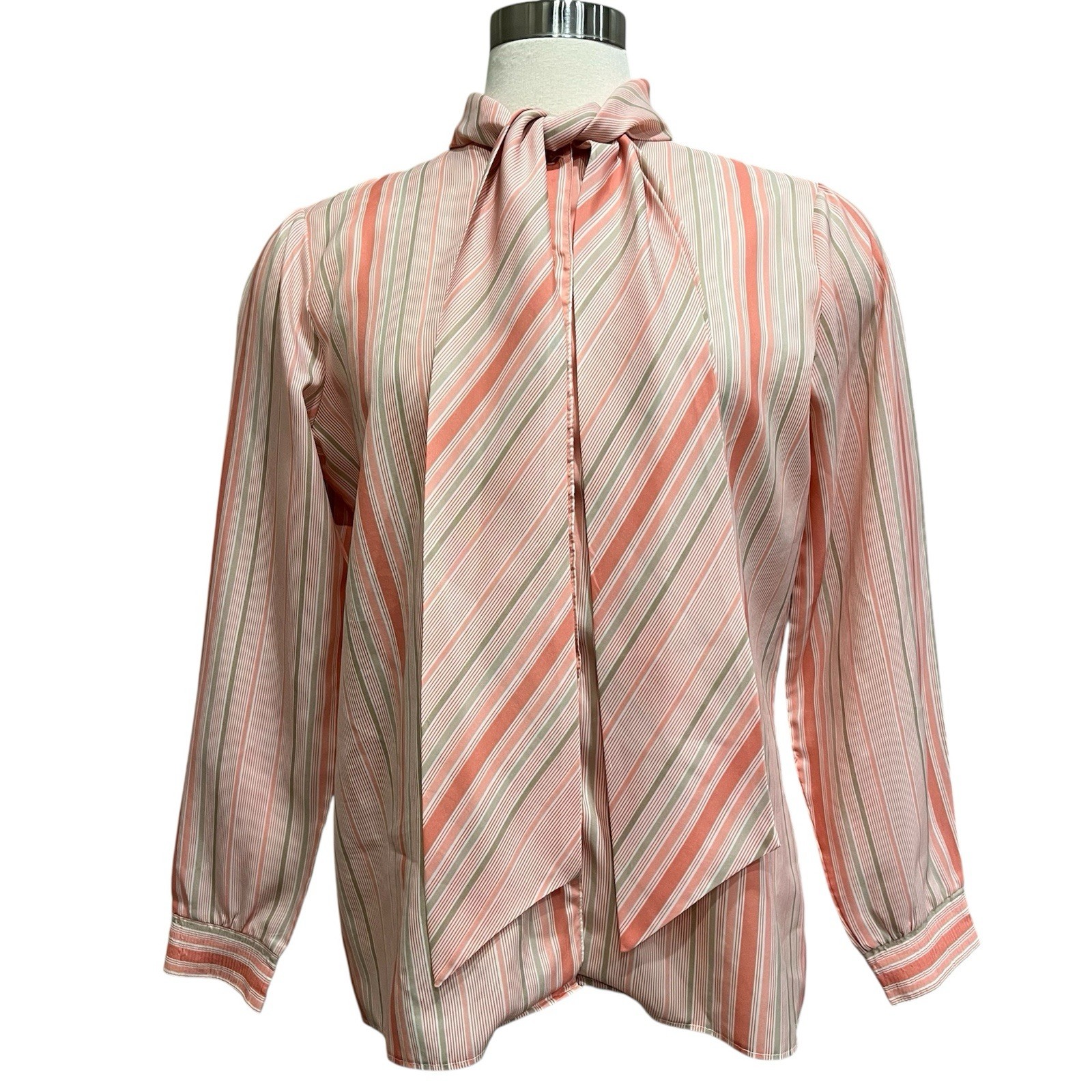 Country Suburbans Secretary Blouse 16 Striped Pussy Bow Salmon Neutral Pendleton