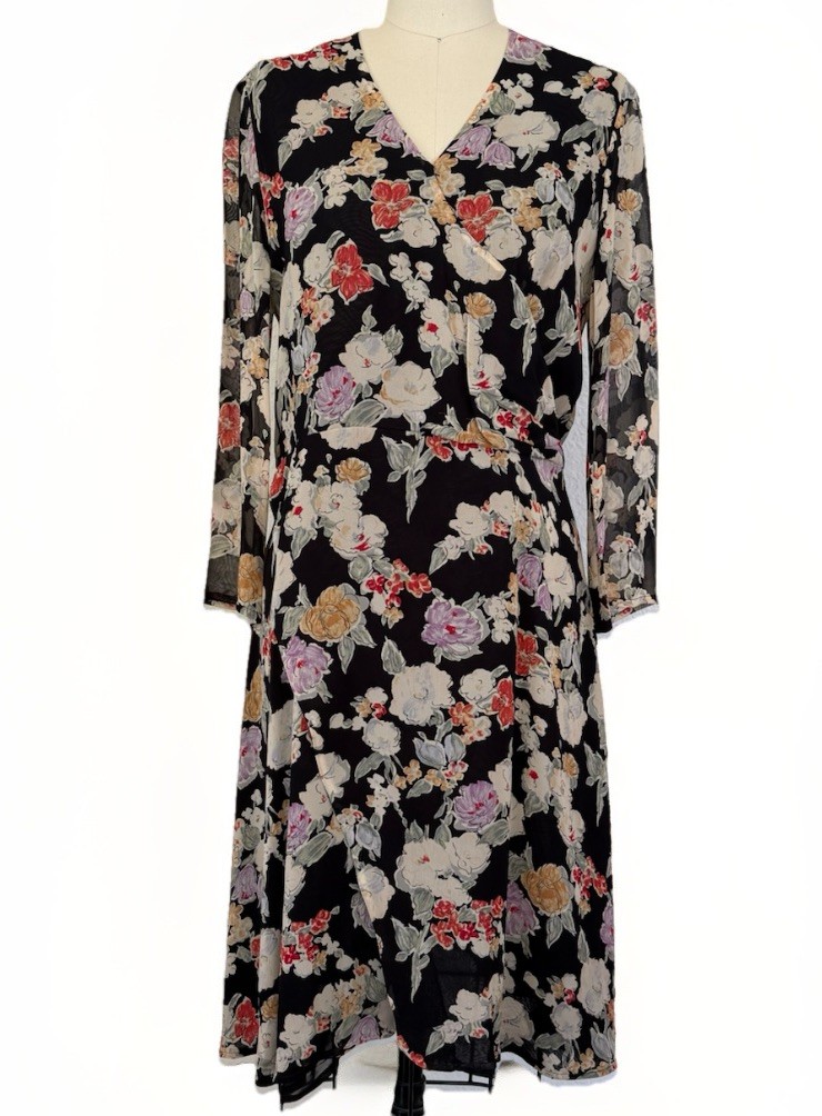 Giorgio ARMANI Le Collezioni Black Floral Faux Wrap Midi Dress Dark Romance Y2K