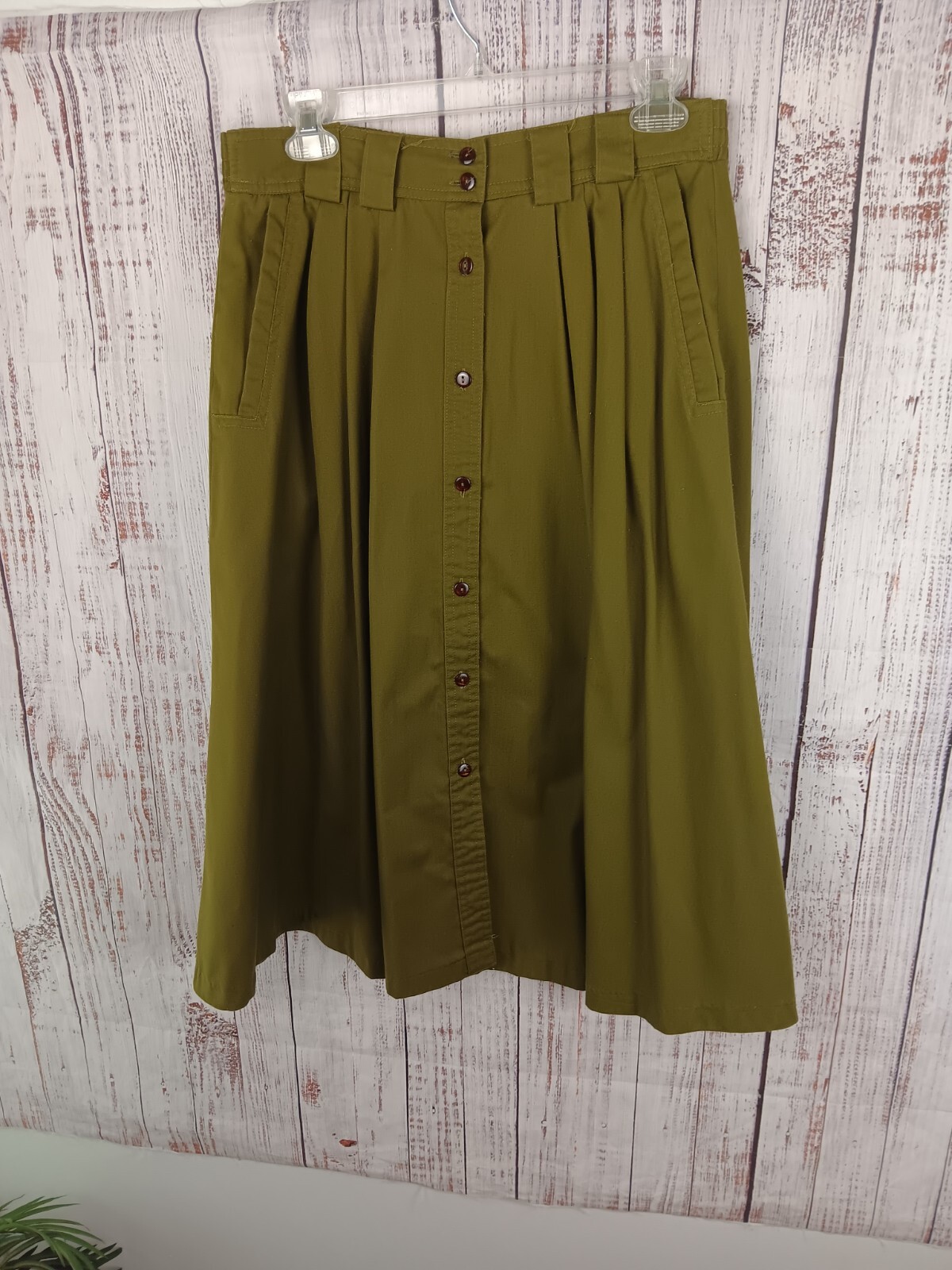 Allison Smith Button-Down Midi Skirt 8P Green Pockets Modest Fall Button Up VTG