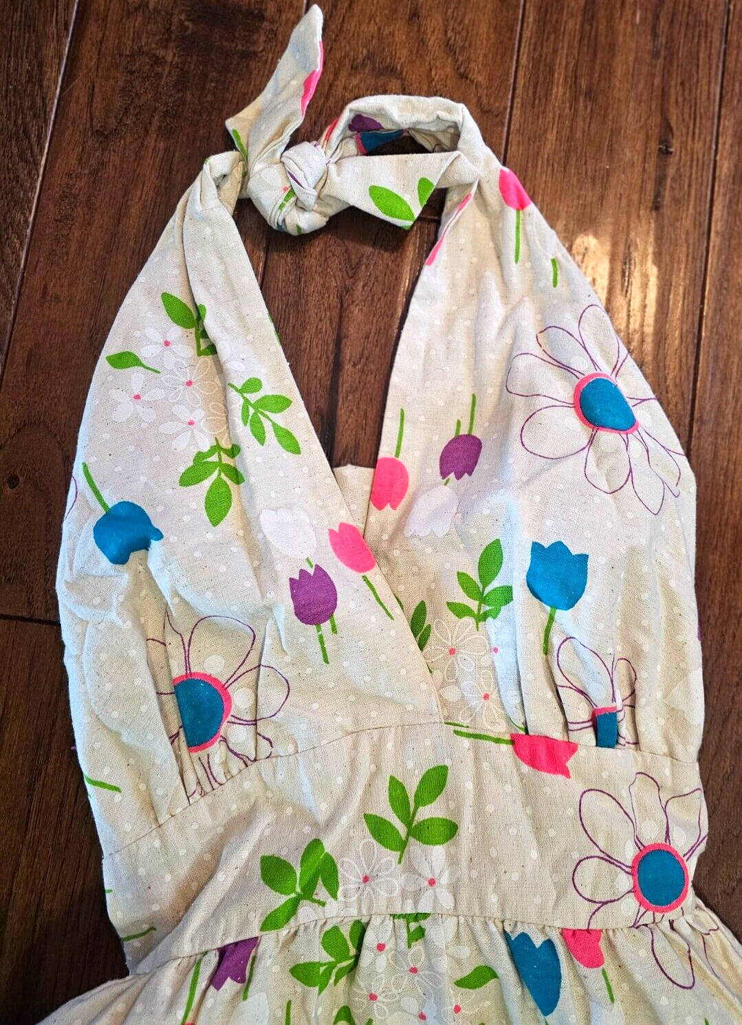 Vintage 70s Maxi Dress Small Floral Print Halter Neck Pink Orange Blue