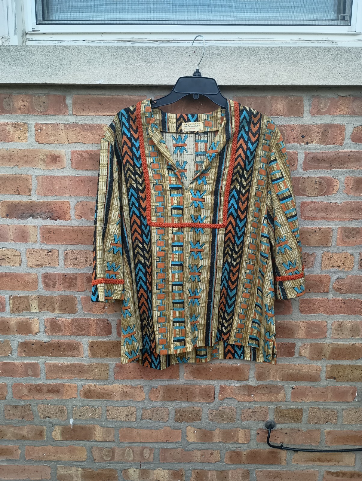 Vintage Handmade Daishiki Shirt Pullover Hippie Tunic 1960s 3/4 sleeve