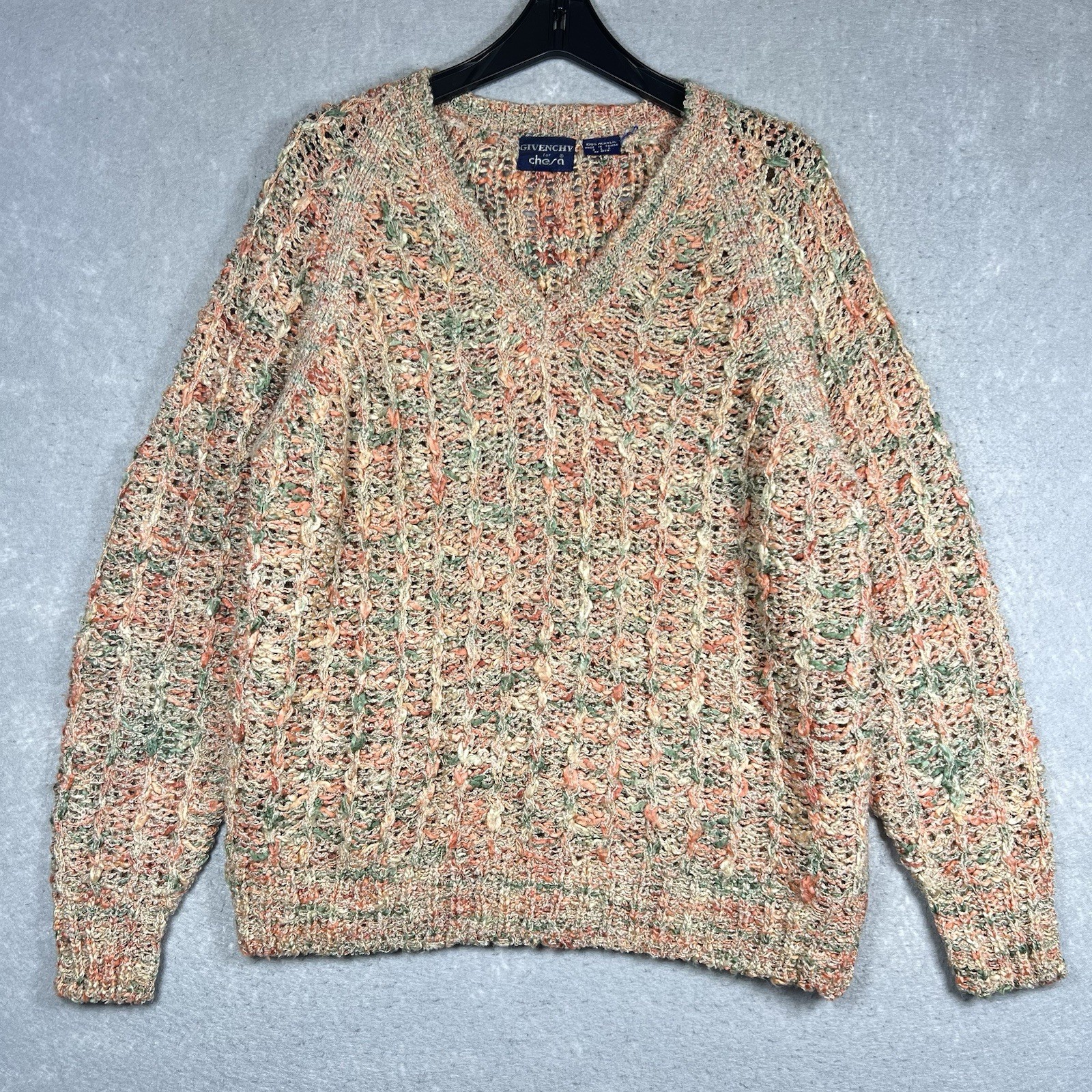 Vintage Givenchy for Chesa 100% Acrylic Knit V-Neck Multi-Colored Sweater SZ: XL