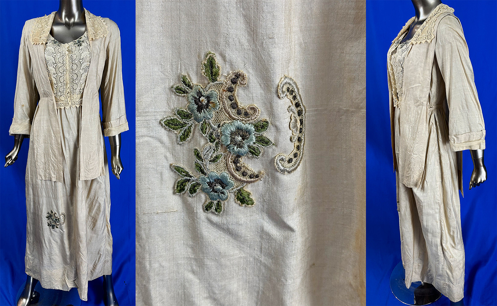 Vintage Edwardian Pongee Silk Needle Lace Trim Top Watteau Back Gown Tea Dress