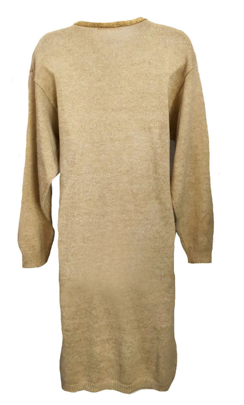 Halston III VTG 70s Pale Beige metallic Gold Trim Sweater Sheath Chic Dress M