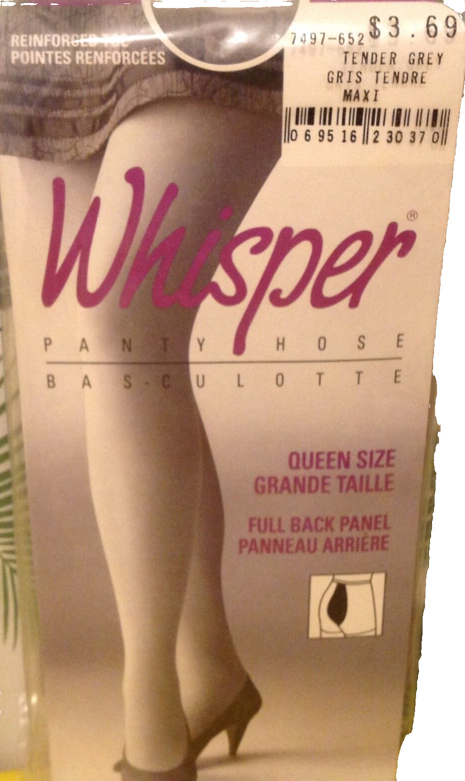 Vintage Pantyhose Whisper Full Back Panel Color Tender Grey Size Maxi BWHIS056