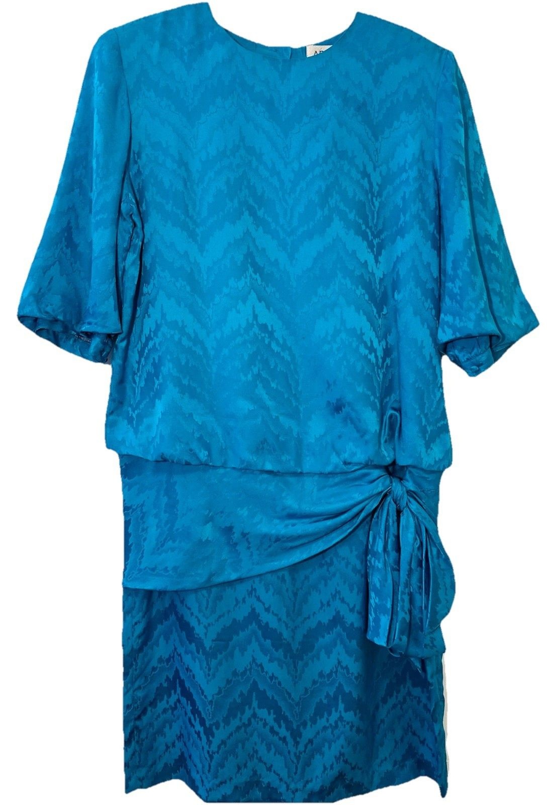 Vintage Argenti Pure Silk Teal Jacquard Dress Ruched Side Knot Size 12 43″ Midi