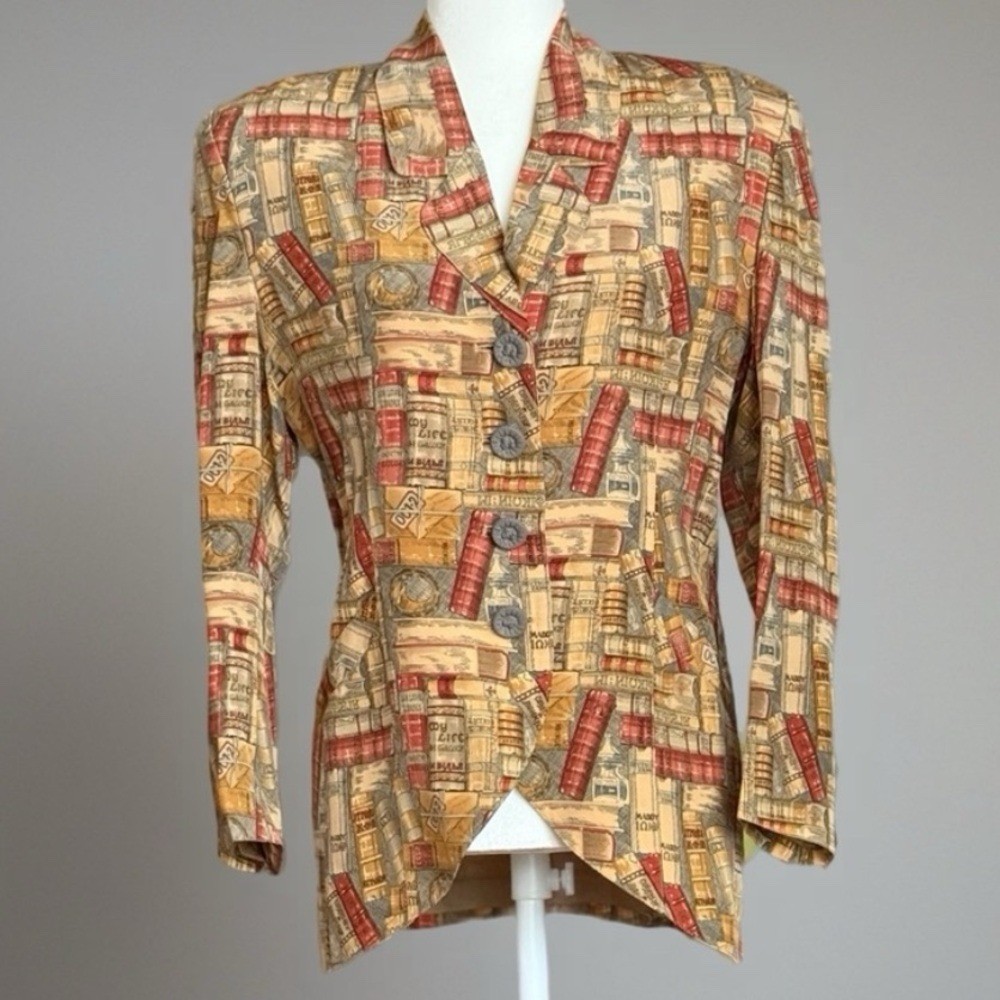 90s O’Trio Paris Library Bookshelf Print Blazer Dark Academia Parisian Size M