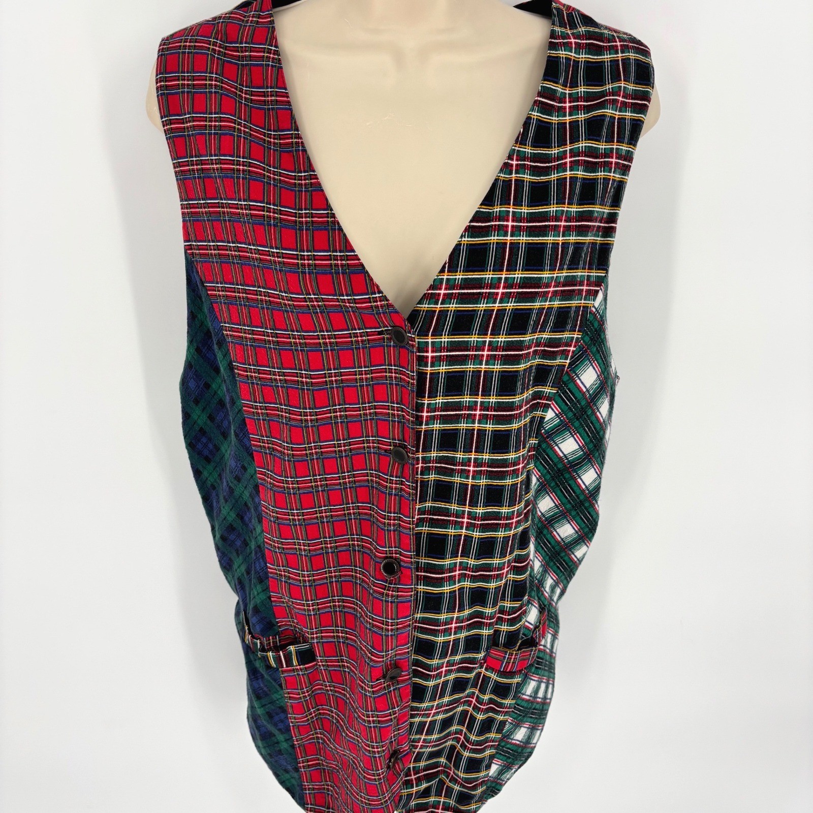 Carole Little Sport Vintage Patchwork Plaid Vest Red Green Rayon Womens Sz 16